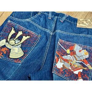No. 83 Samurai Embroidered Jean Wide Leg Baggy Mens Streetwear Vintage 36 X 34